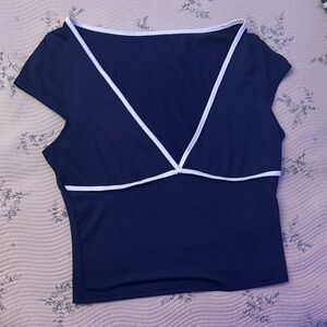 V-Neck Navy Blue Women's Top with White Trim